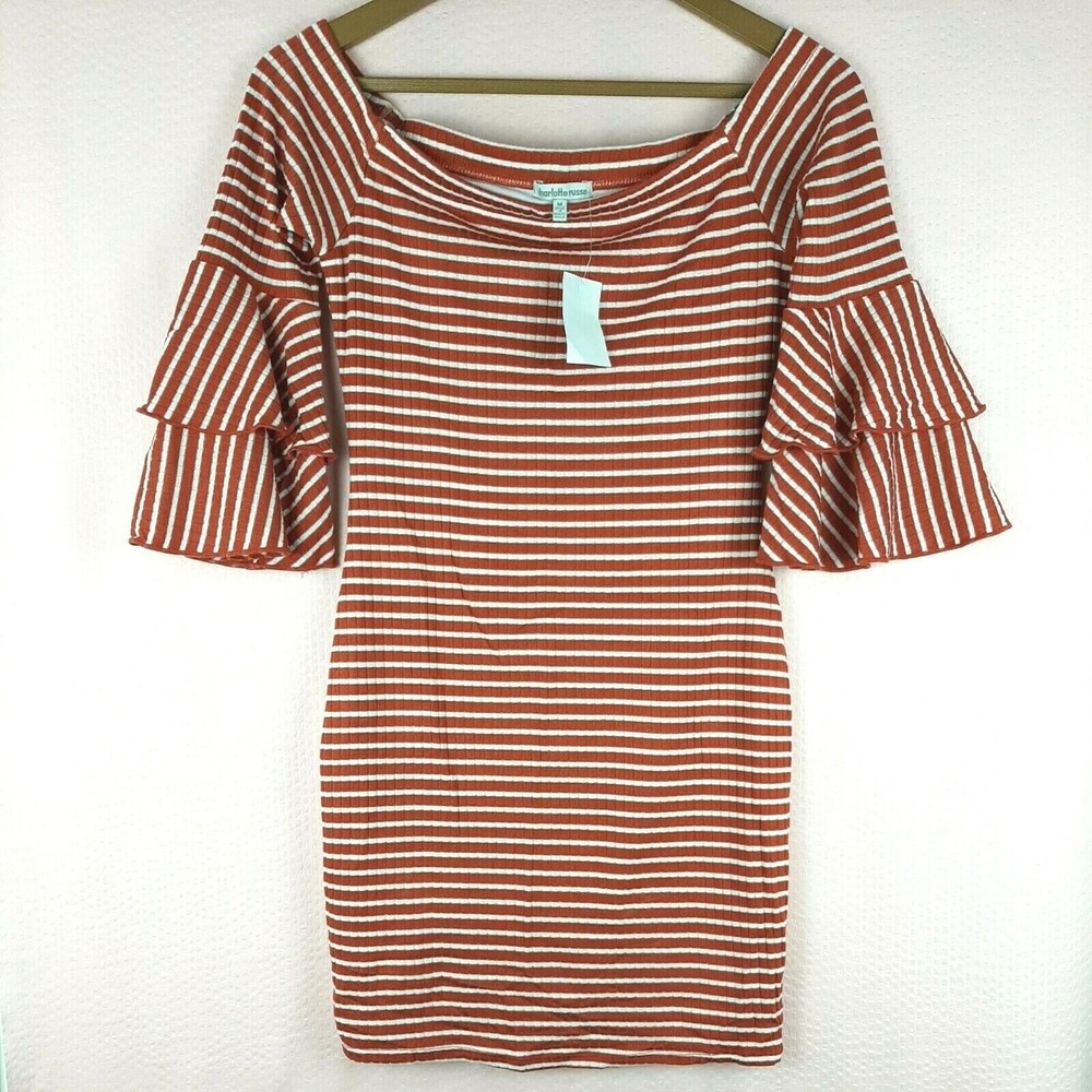 NEW Charlotte Russe Striped Knit Ribbed Mini Dress with Ruffle Sleeve Size M